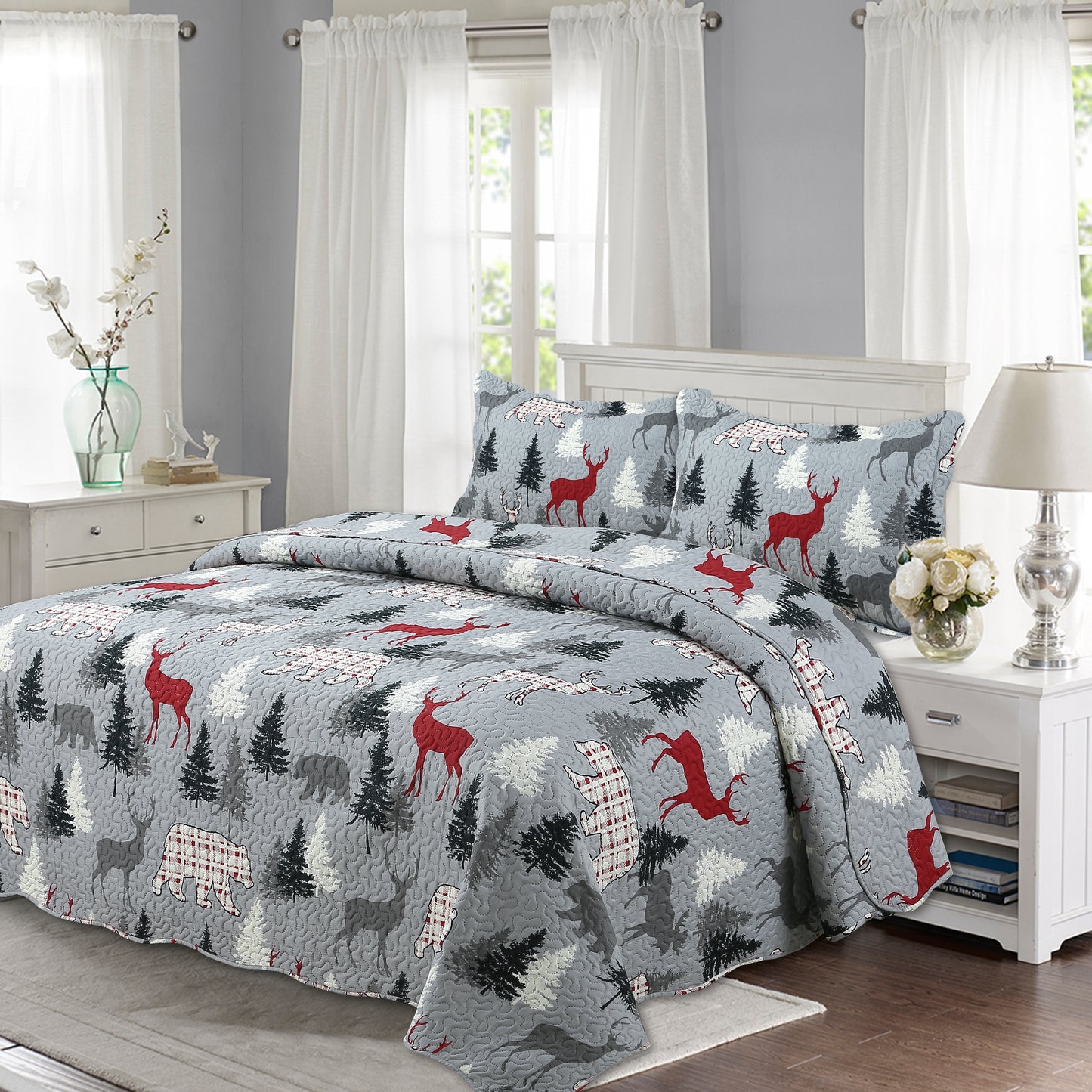 Printed Embossed Pinsonic Soft Bedding Summer Quilt Set, Cabin Reindeer Moose Bear