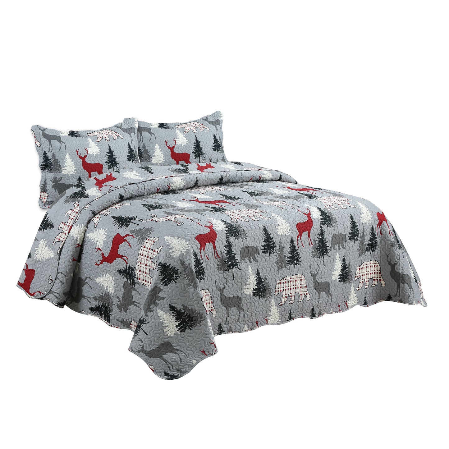 Printed Embossed Pinsonic Soft Bedding Summer Quilt Set, Cabin Reindeer Moose Bear