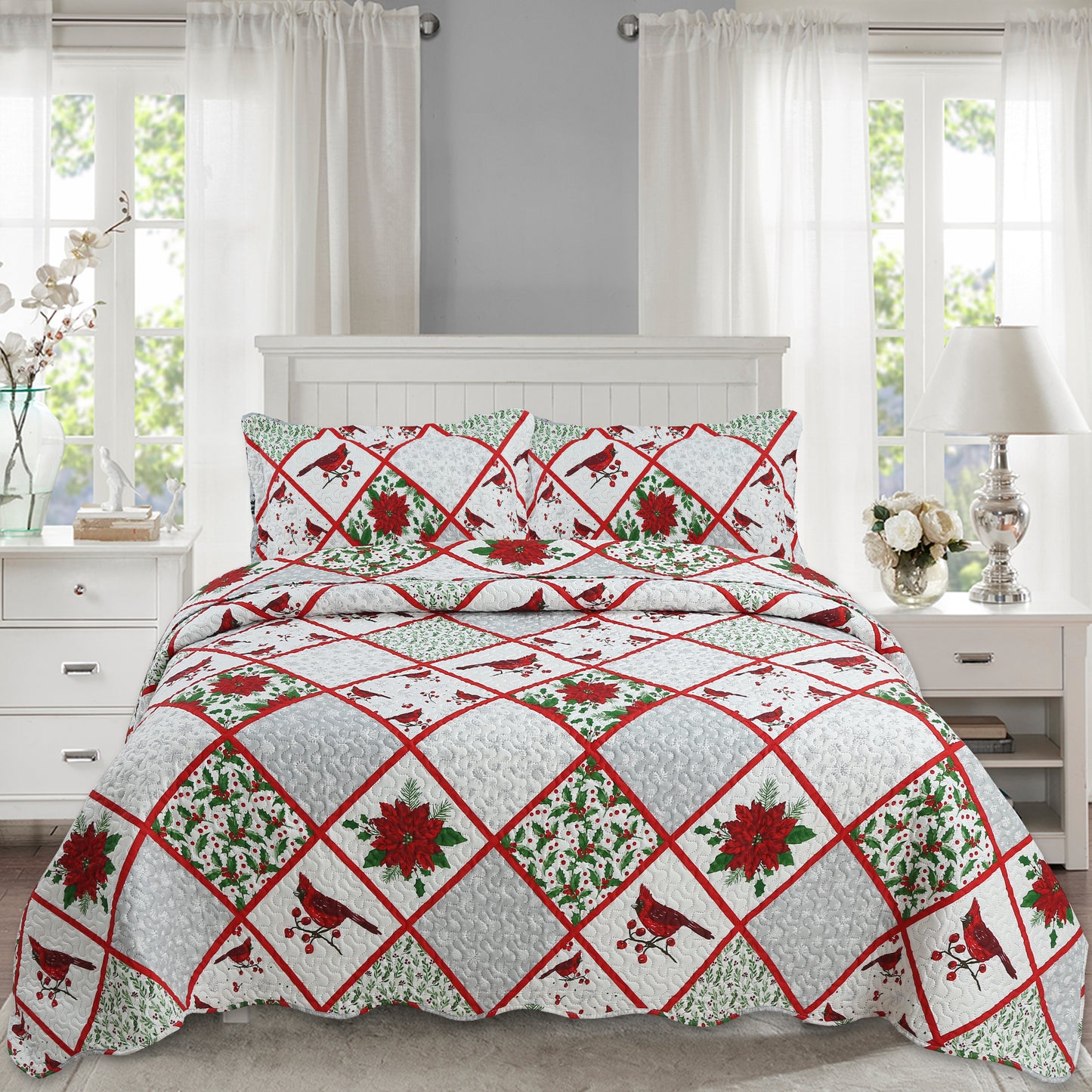 Printed Embossed Pinsonic Soft Bedding Summer Quilt Set, Christmas Red Cardinal Poinsettia