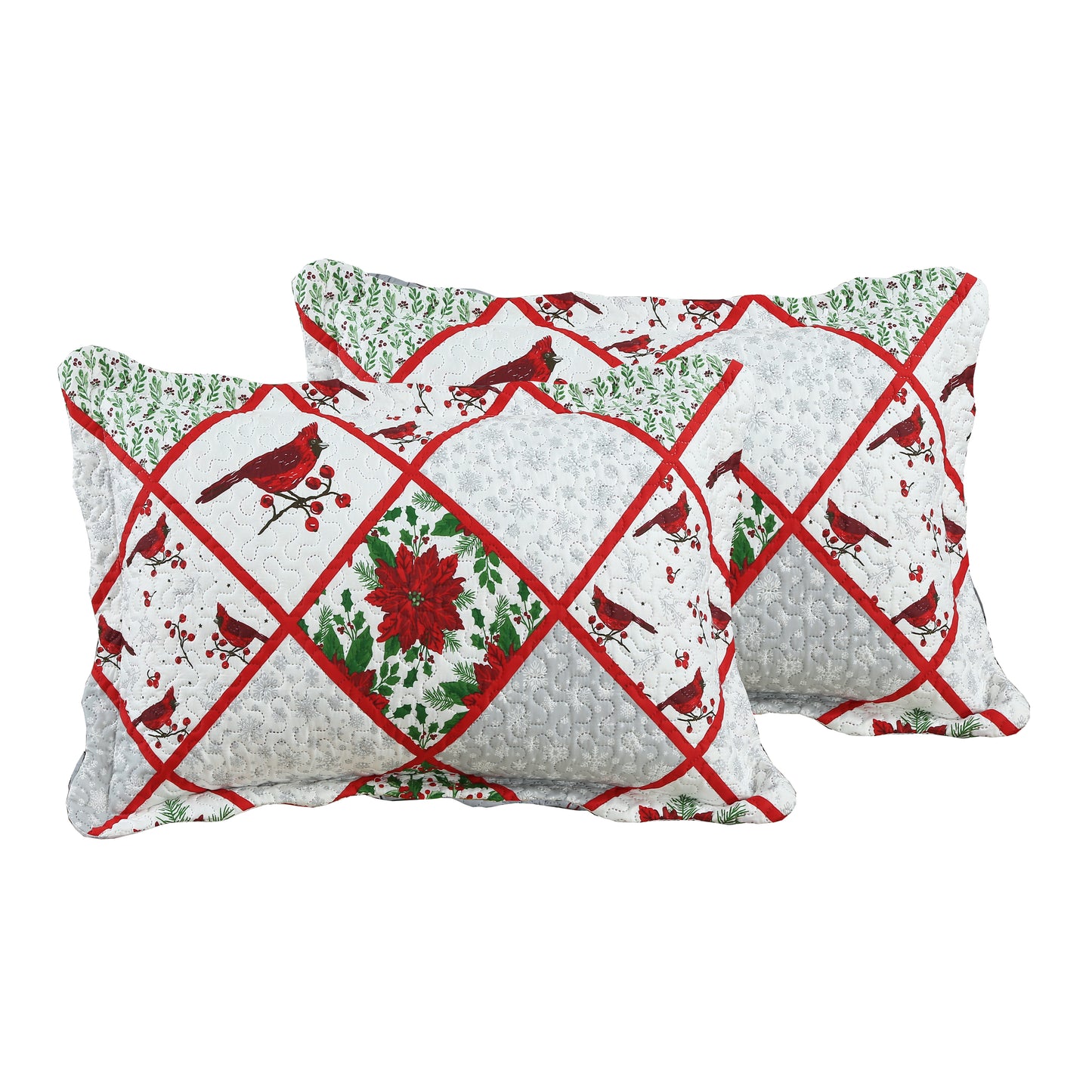 Printed Embossed Pinsonic Soft Bedding Summer Quilt Set, Christmas Red Cardinal Poinsettia