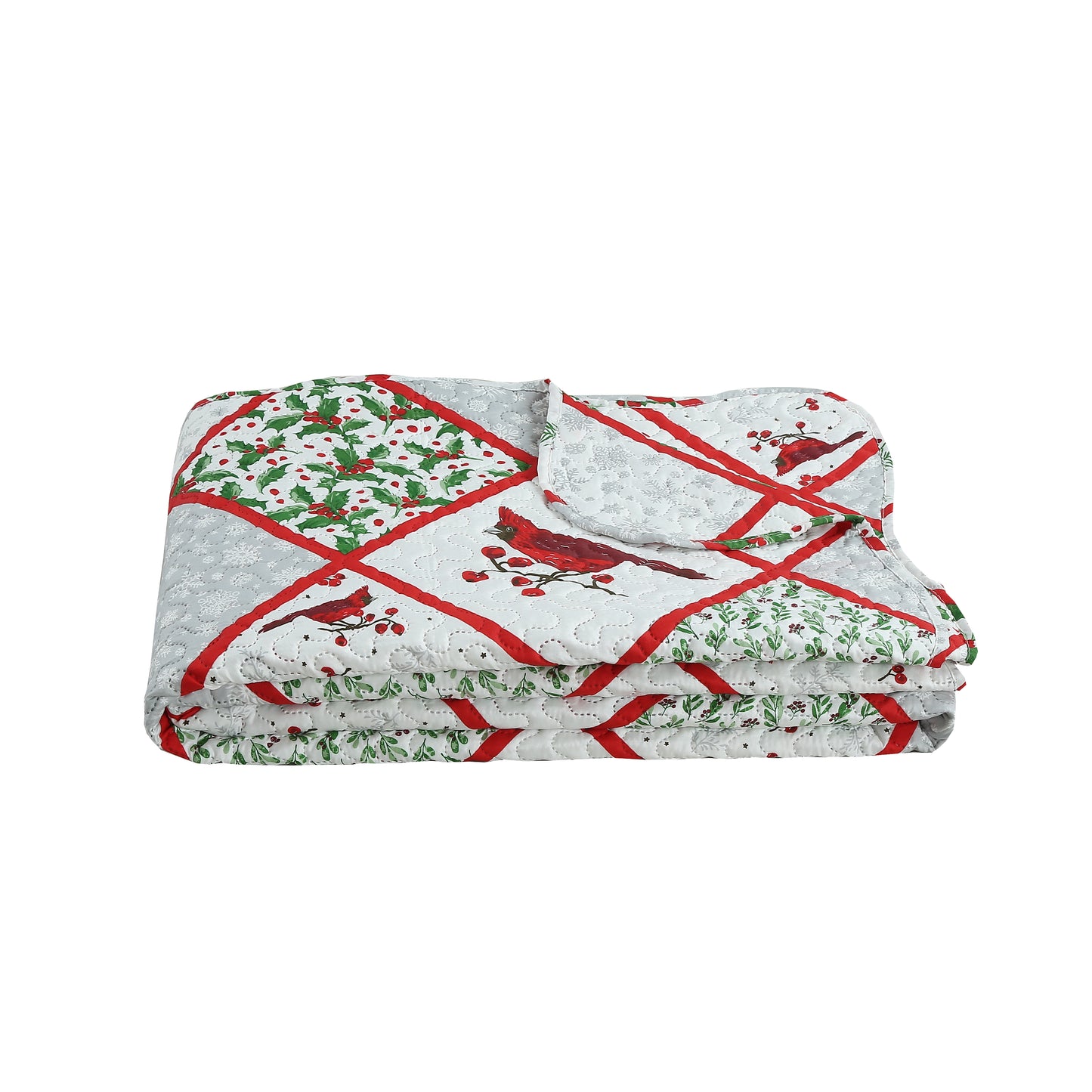Printed Embossed Pinsonic Soft Bedding Summer Quilt Set, Christmas Red Cardinal Poinsettia