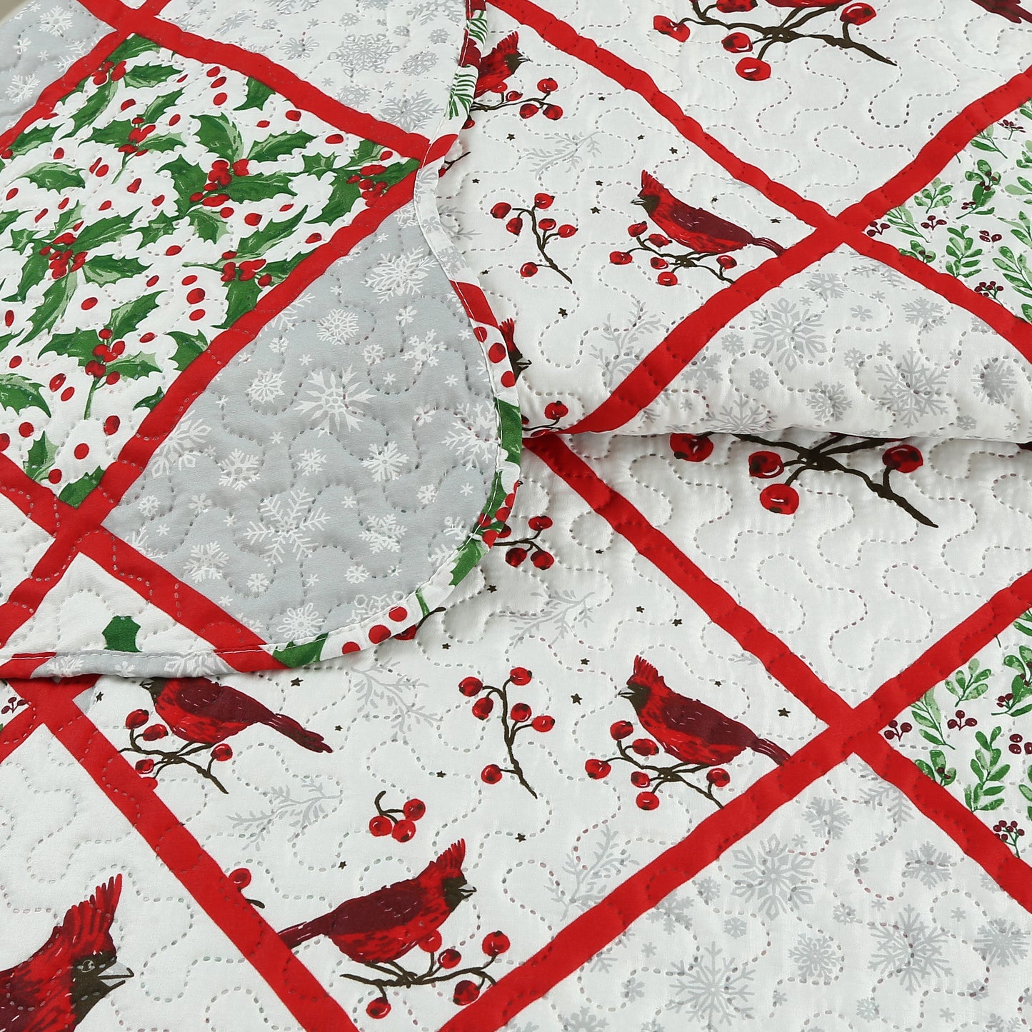 Printed Embossed Pinsonic Soft Bedding Summer Quilt Set, Christmas Red Cardinal Poinsettia