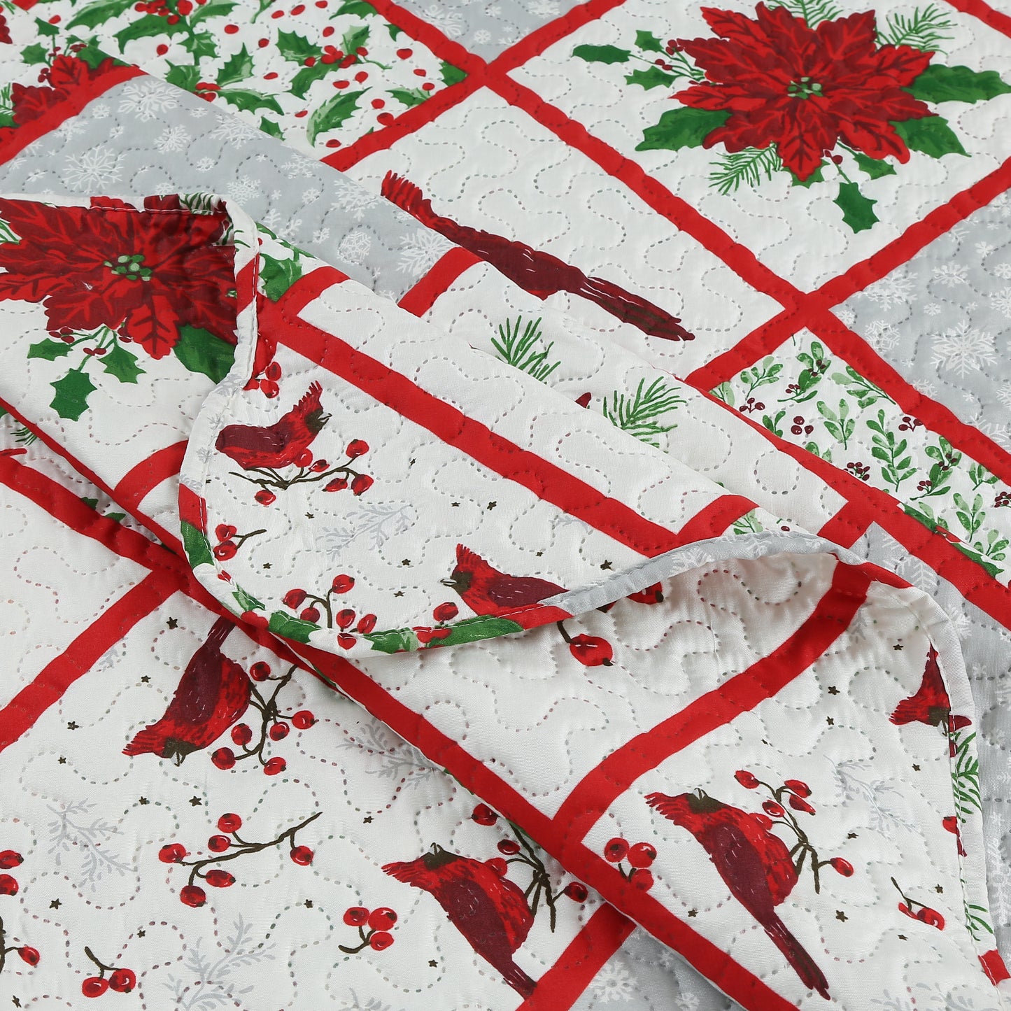 Printed Embossed Pinsonic Soft Bedding Summer Quilt Set, Christmas Red Cardinal Poinsettia