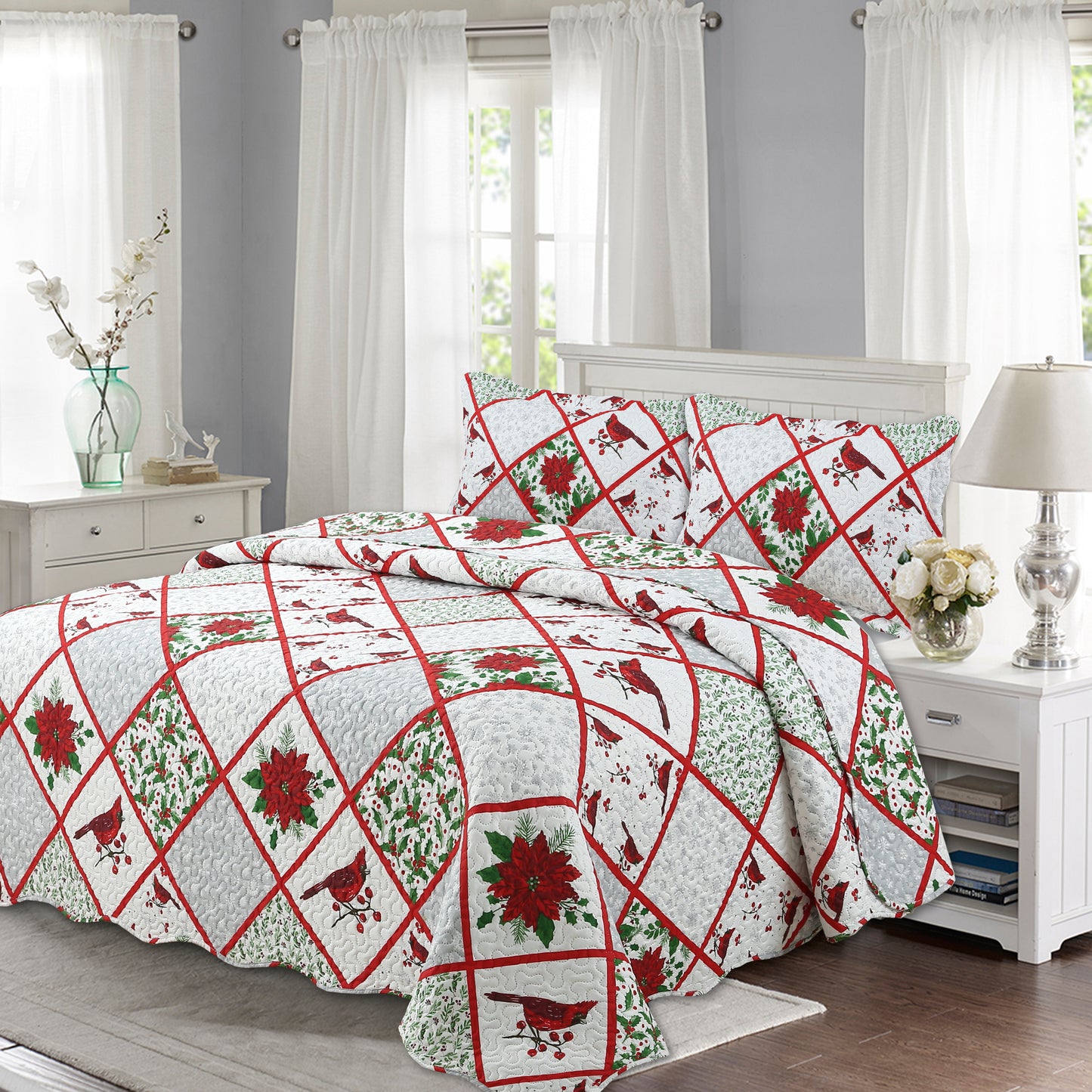 Printed Embossed Pinsonic Soft Bedding Summer Quilt Set, Christmas Red Cardinal Poinsettia