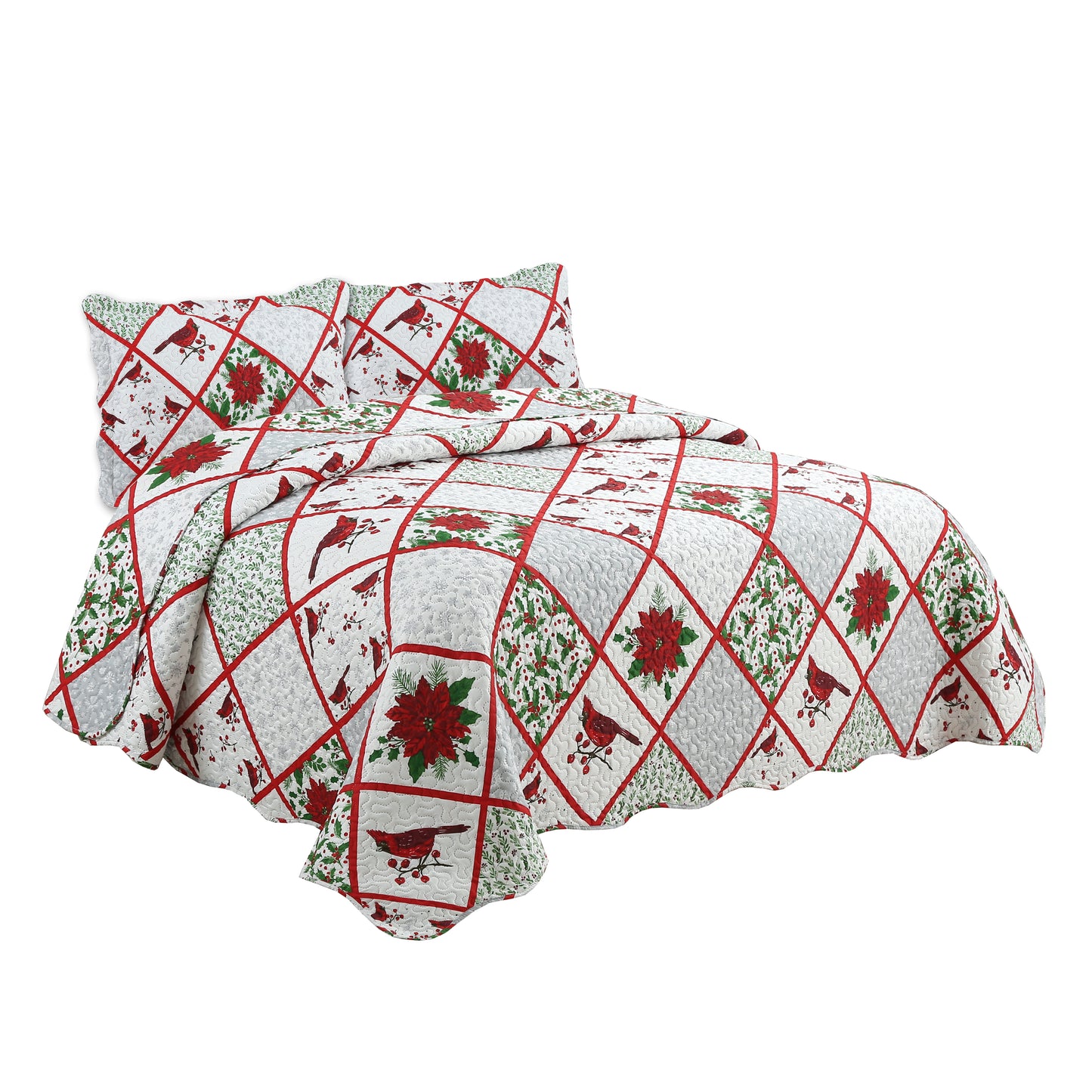 Printed Embossed Pinsonic Soft Bedding Summer Quilt Set, Christmas Red Cardinal Poinsettia