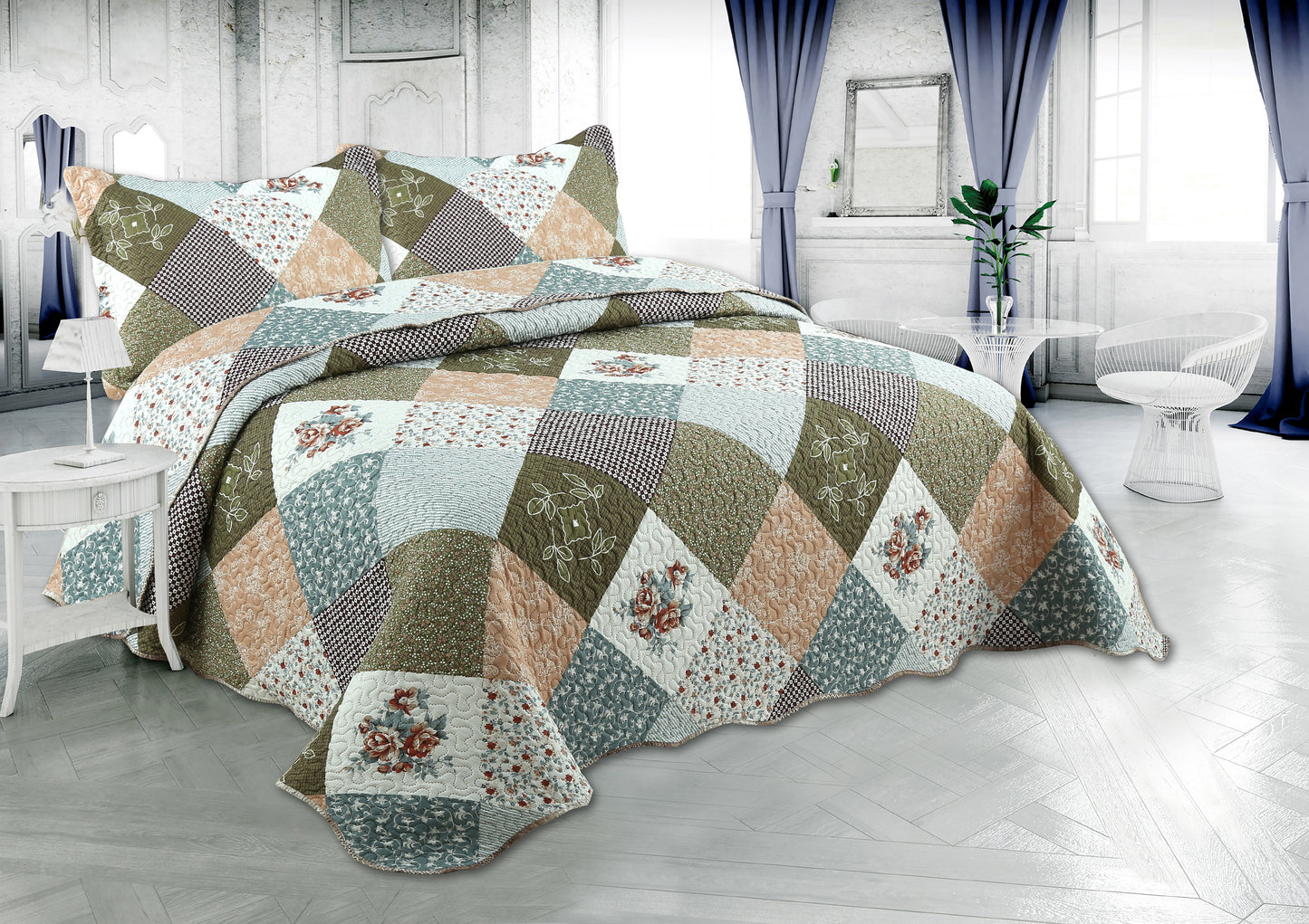 Printed Embossed Pinsonic Soft Bedding Summer Quilt Set, Modern Floral Plaid