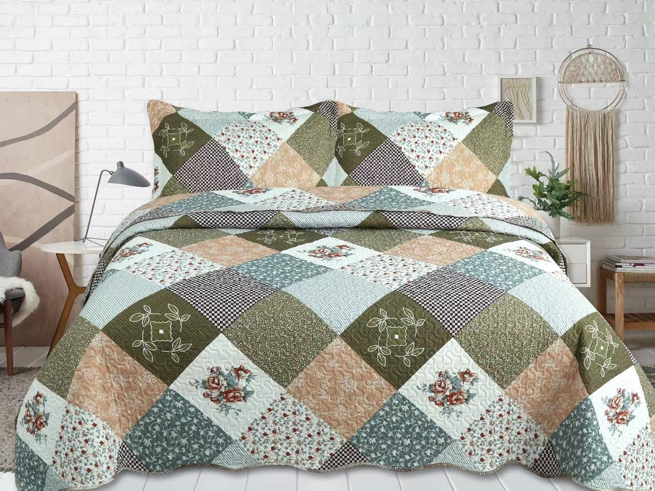 Printed Embossed Pinsonic Soft Bedding Summer Quilt Set, Modern Floral Plaid