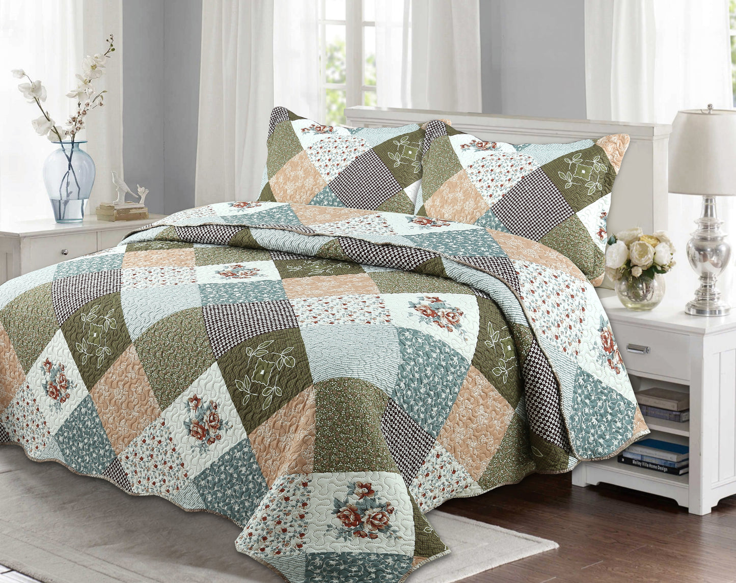Printed Embossed Pinsonic Soft Bedding Summer Quilt Set, Modern Floral Plaid