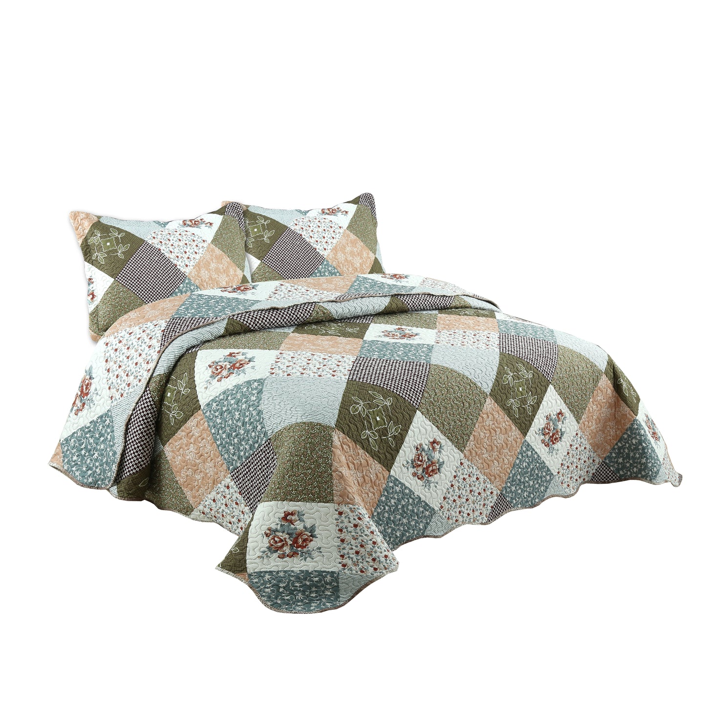 Printed Embossed Pinsonic Soft Bedding Summer Quilt Set, Modern Floral Plaid