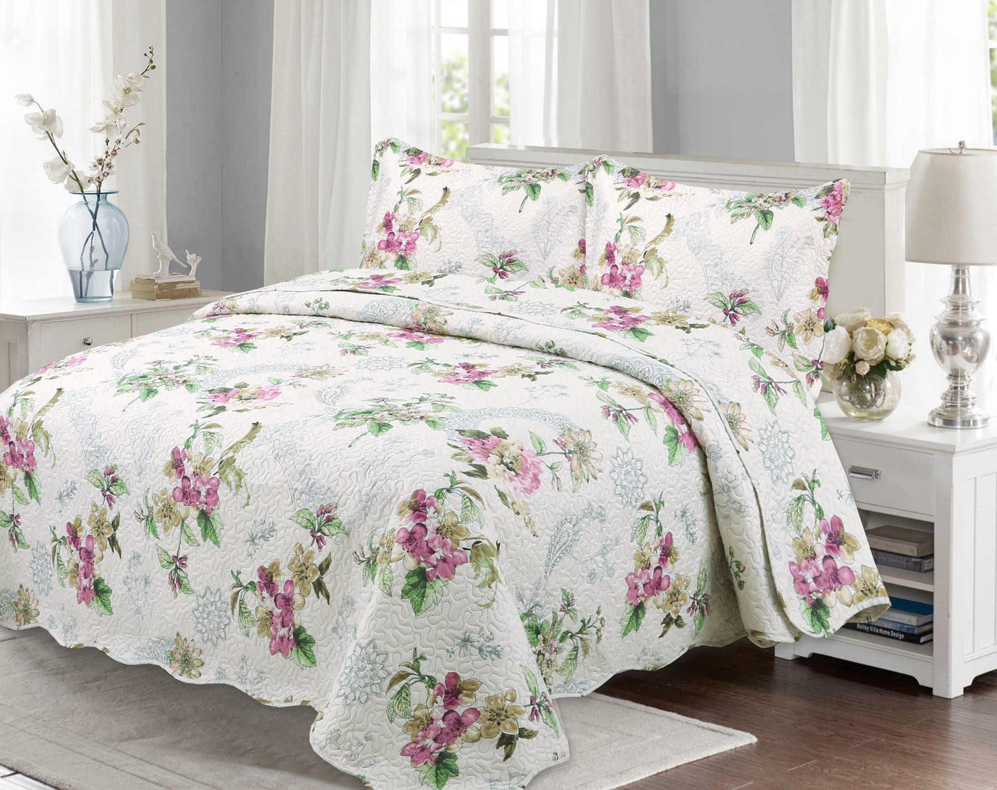 Printed Embossed Pinsonic Soft Bedding Summer Quilt Set, Purple Floral Mandala
