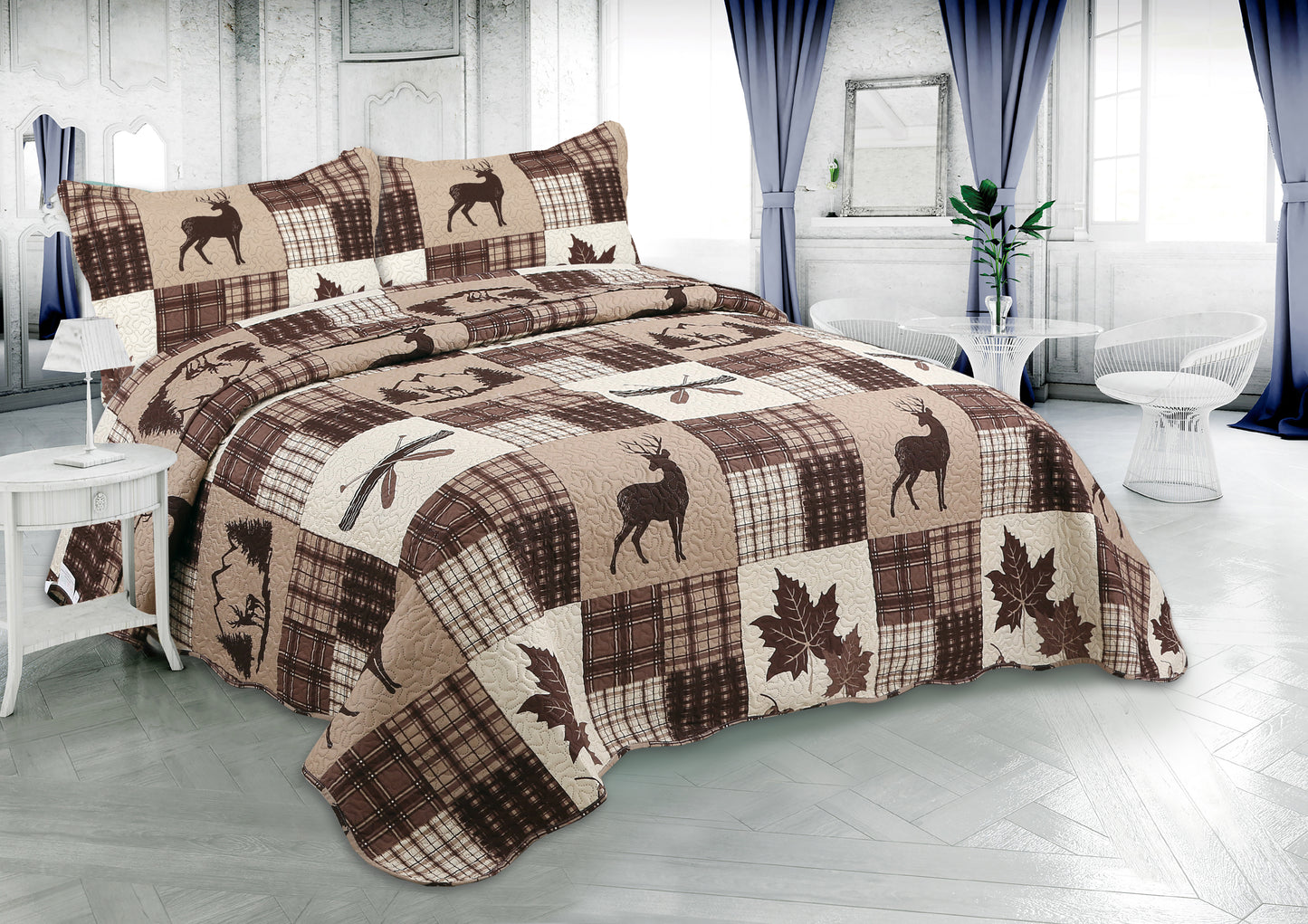 Printed Embossed Pinsonic Soft Bedding Summer Quilt Set, Brown Maple Deer Plaid