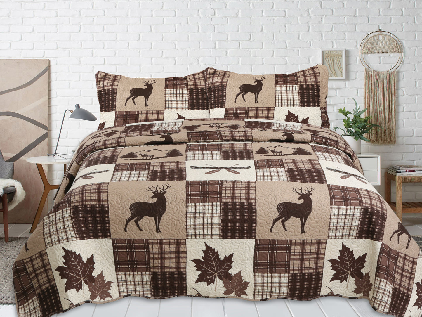 Printed Embossed Pinsonic Soft Bedding Summer Quilt Set, Brown Maple Deer Plaid