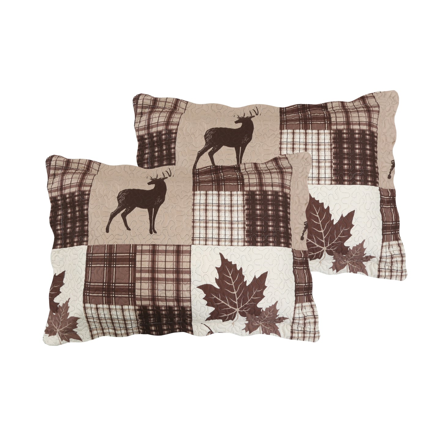 Printed Embossed Pinsonic Soft Bedding Summer Quilt Set, Brown Maple Deer Plaid