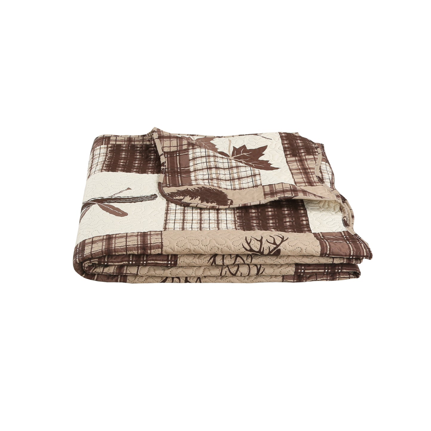 Printed Embossed Pinsonic Soft Bedding Summer Quilt Set, Brown Maple Deer Plaid