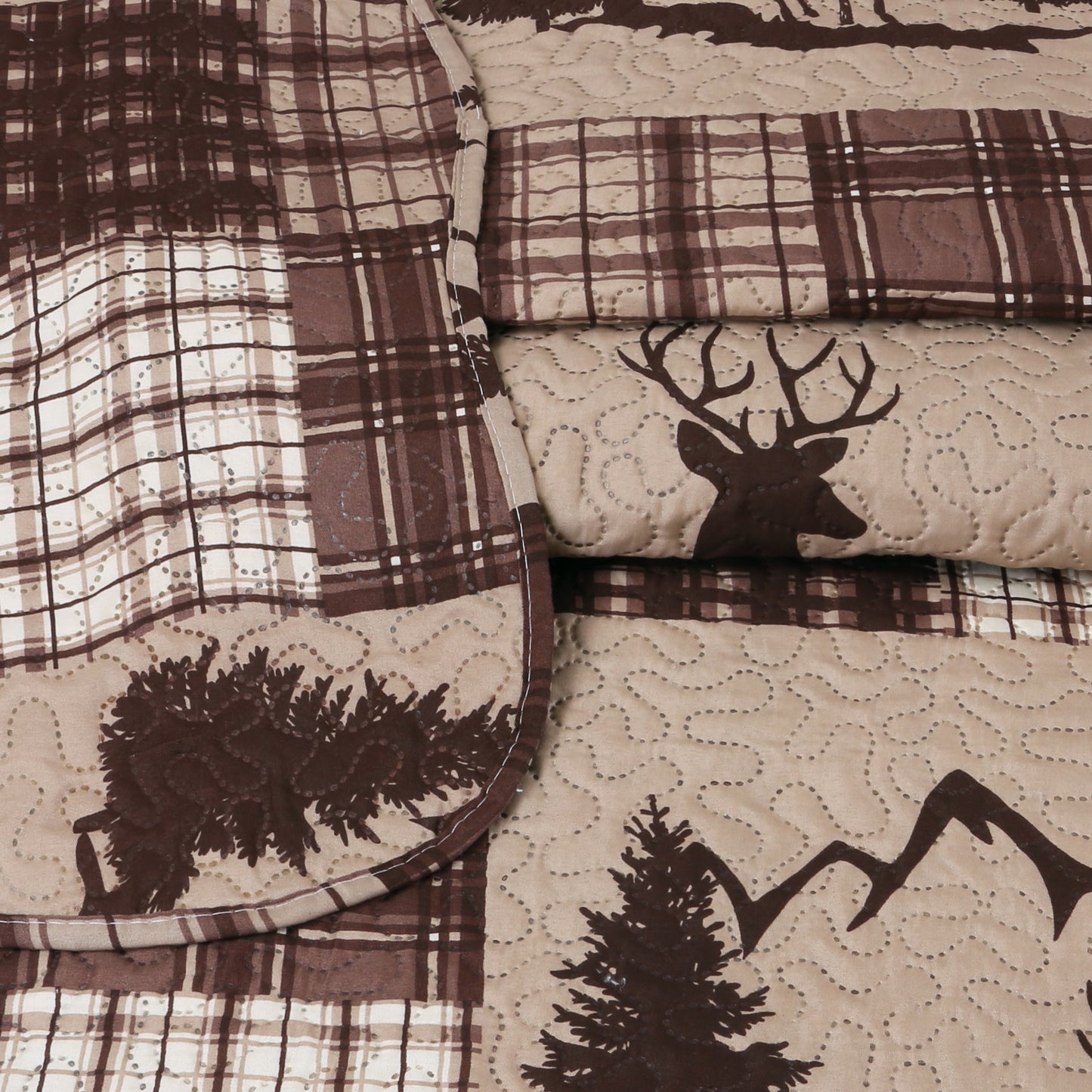 Printed Embossed Pinsonic Soft Bedding Summer Quilt Set, Brown Maple Deer Plaid