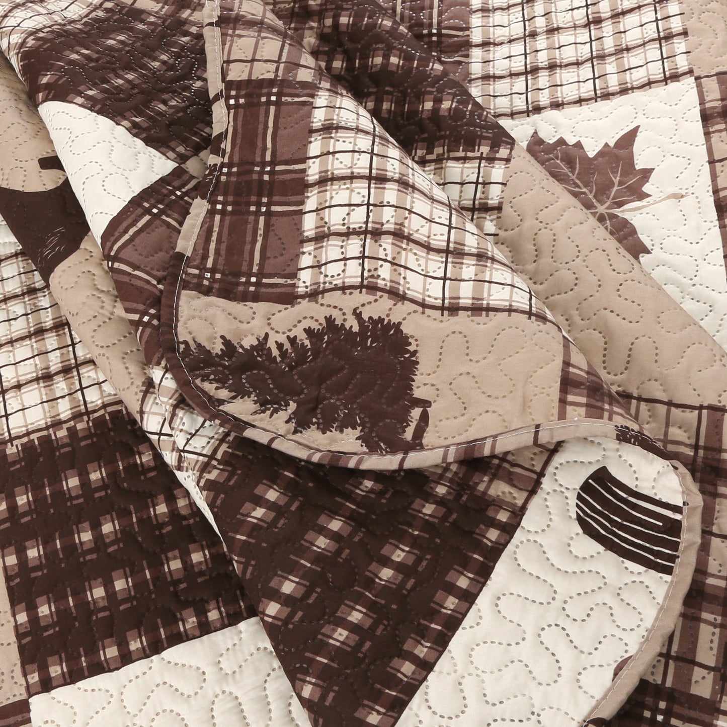 Printed Embossed Pinsonic Soft Bedding Summer Quilt Set, Brown Maple Deer Plaid