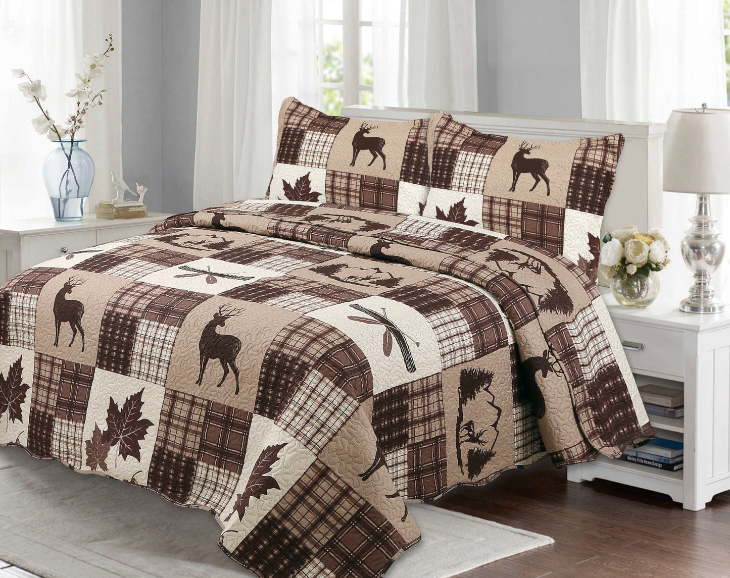 Printed Embossed Pinsonic Soft Bedding Summer Quilt Set, Brown Maple Deer Plaid
