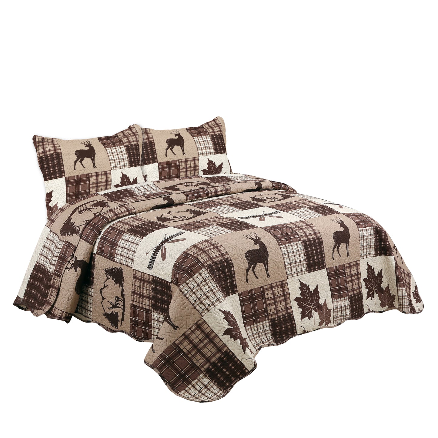 Printed Embossed Pinsonic Soft Bedding Summer Quilt Set, Brown Maple Deer Plaid