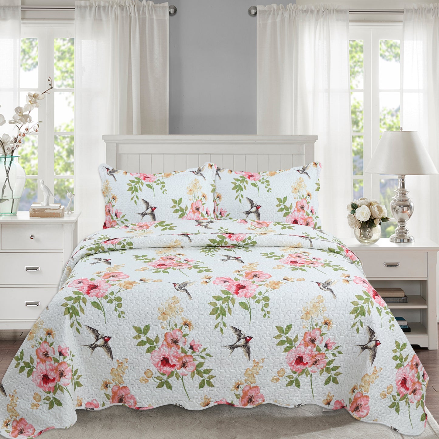 Printed Embossed Pinsonic Soft Bedding Summer Quilt Set, Pink Floral and Birds
