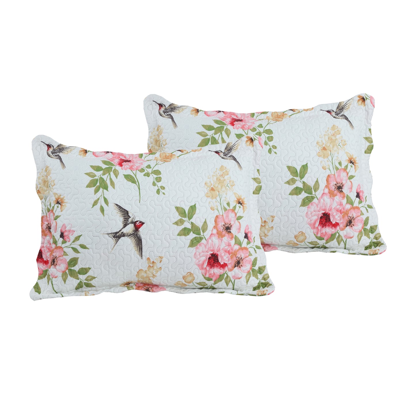 Printed Embossed Pinsonic Soft Bedding Summer Quilt Set, Pink Floral and Birds