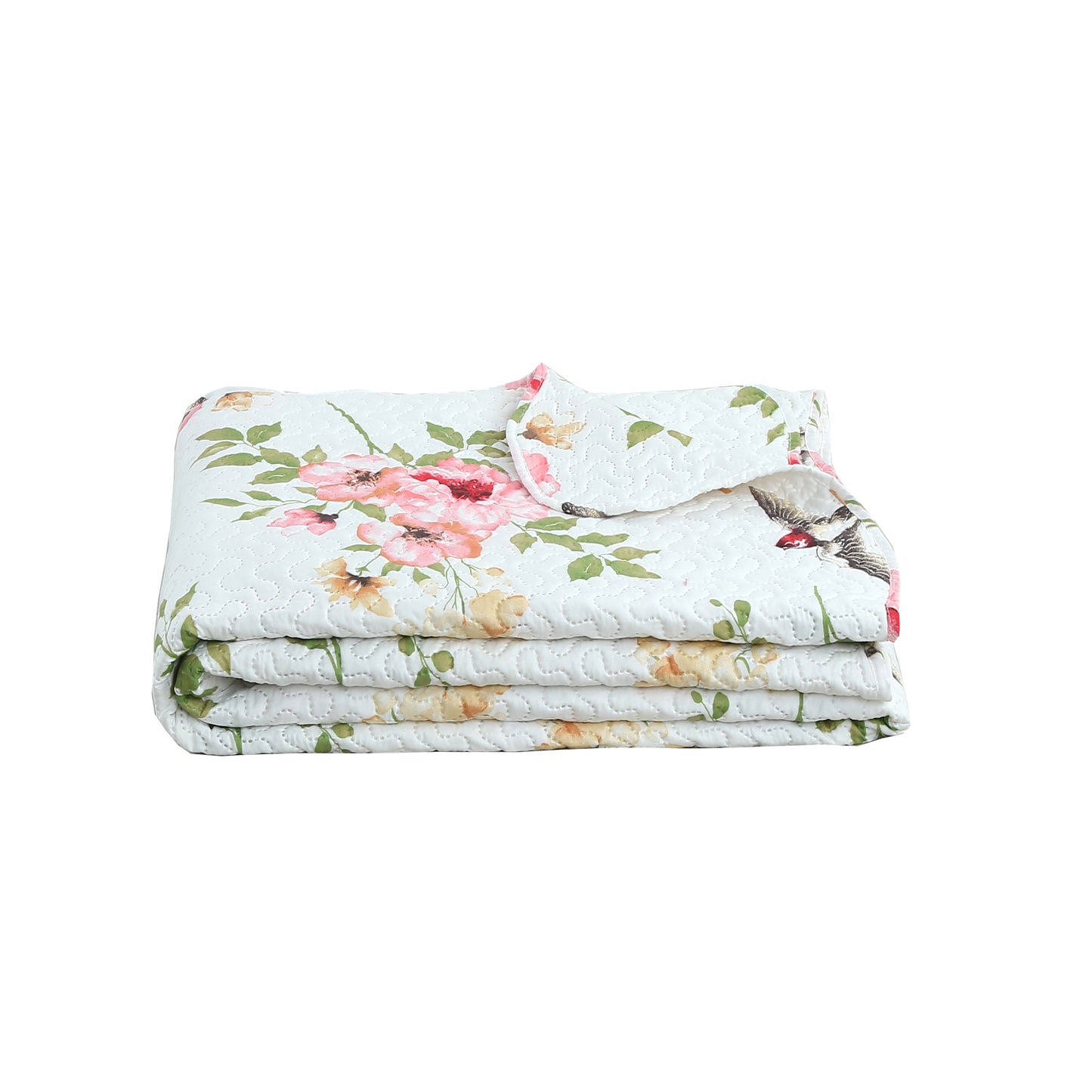 Printed Embossed Pinsonic Soft Bedding Summer Quilt Set, Pink Floral and Birds