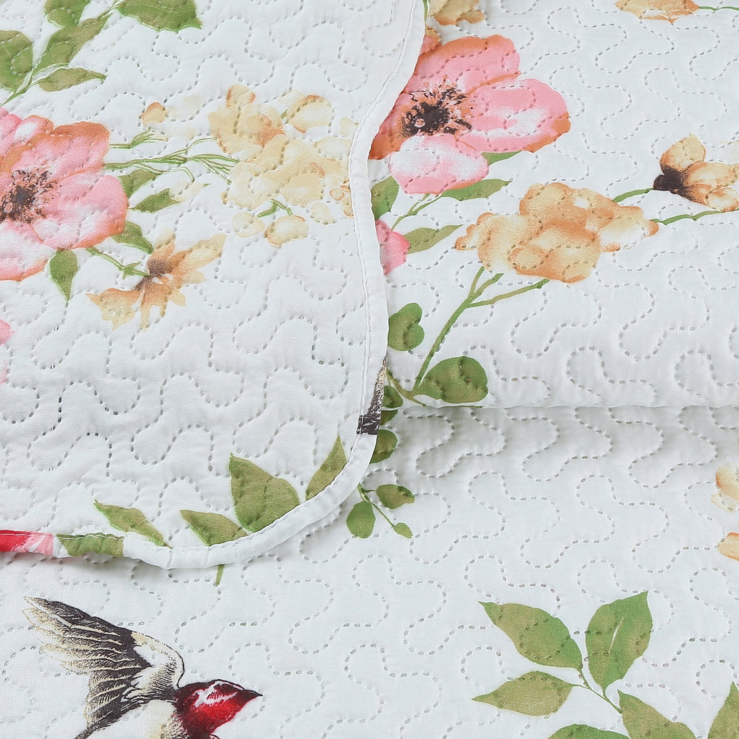 Printed Embossed Pinsonic Soft Bedding Summer Quilt Set, Pink Floral and Birds