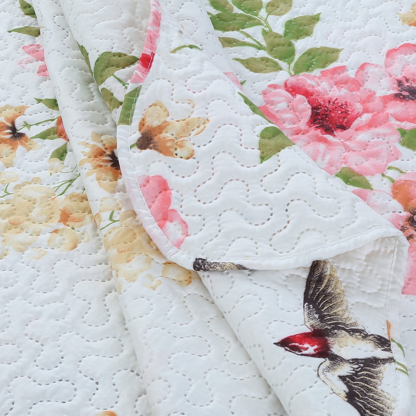 Printed Embossed Pinsonic Soft Bedding Summer Quilt Set, Pink Floral and Birds