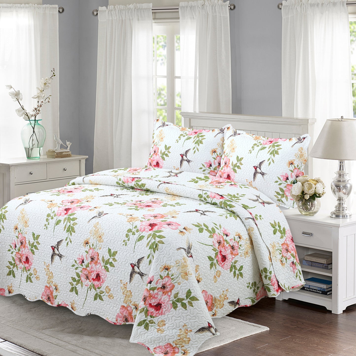 Printed Embossed Pinsonic Soft Bedding Summer Quilt Set, Pink Floral and Birds