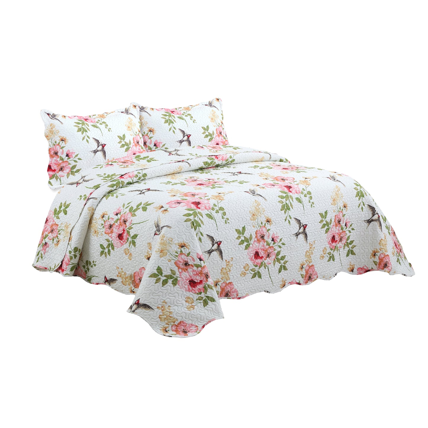 Printed Embossed Pinsonic Soft Bedding Summer Quilt Set, Pink Floral and Birds