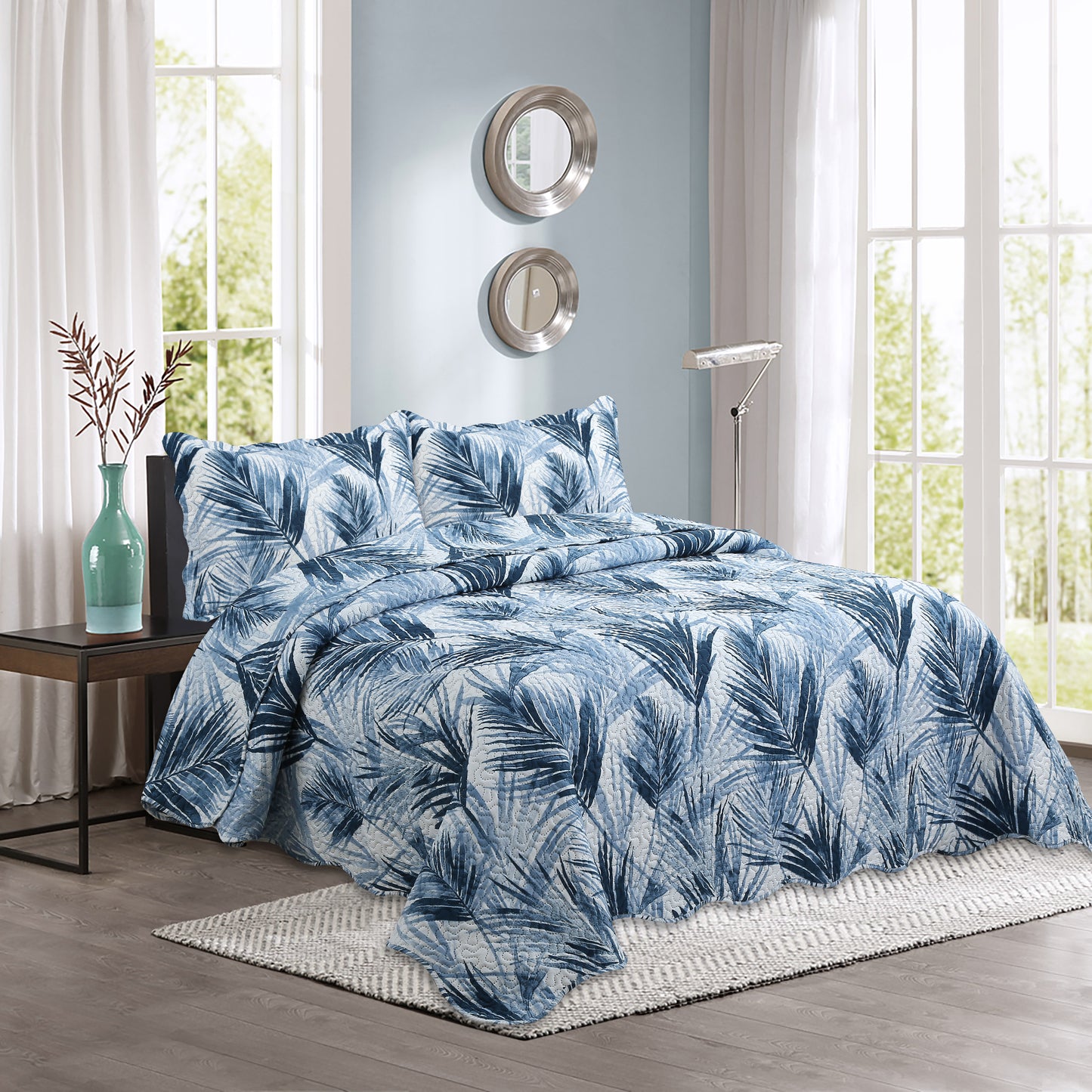 Printed Embossed Pinsonic Soft Bedding Summer Quilt Set, Modern Blue Leaves