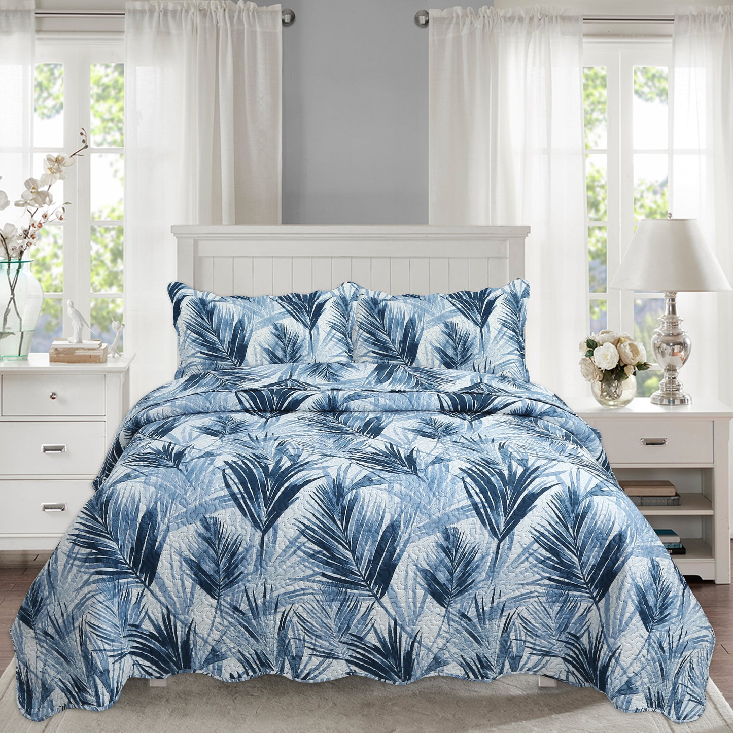Printed Embossed Pinsonic Soft Bedding Summer Quilt Set, Modern Blue Leaves