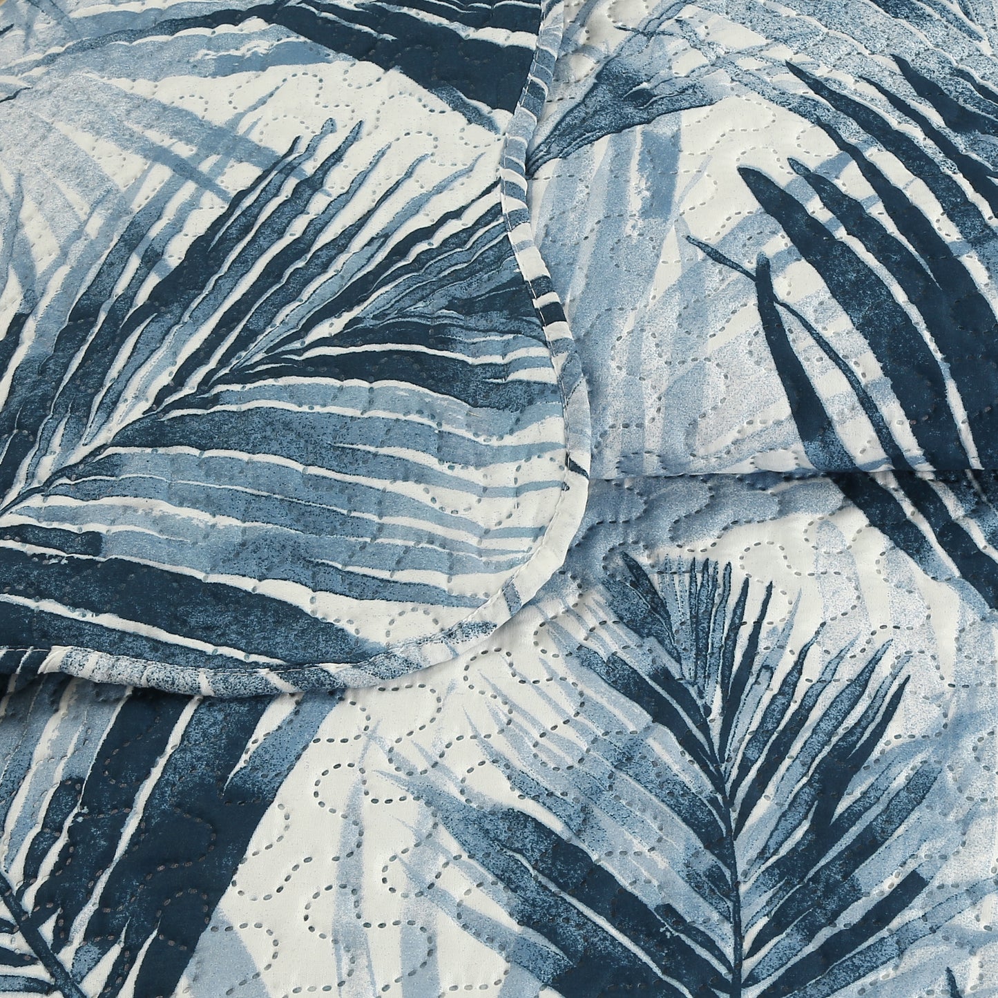 Printed Embossed Pinsonic Soft Bedding Summer Quilt Set, Modern Blue Leaves