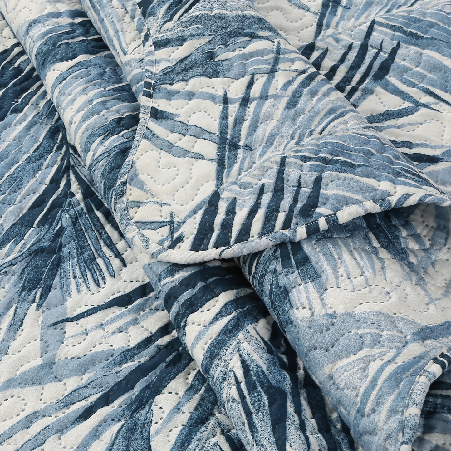Printed Embossed Pinsonic Soft Bedding Summer Quilt Set, Modern Blue Leaves