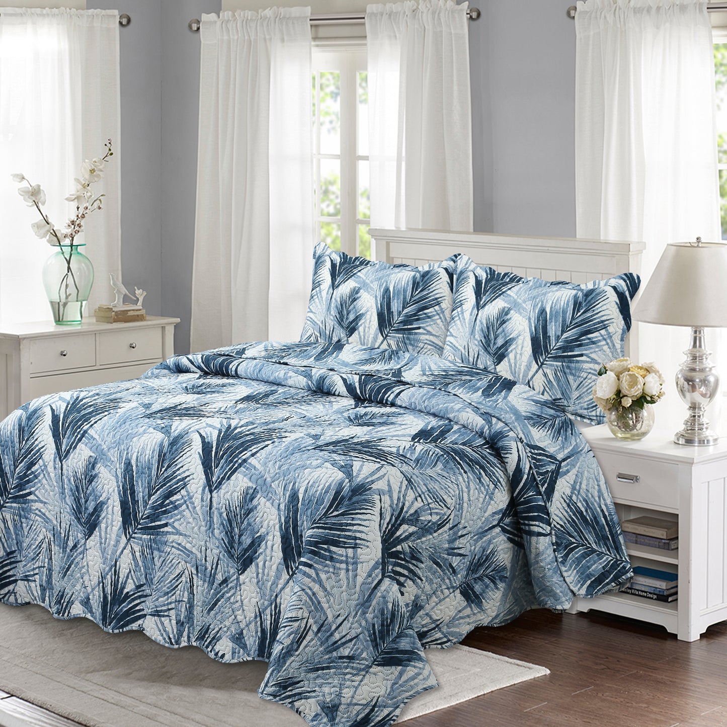 Printed Embossed Pinsonic Soft Bedding Summer Quilt Set, Modern Blue Leaves
