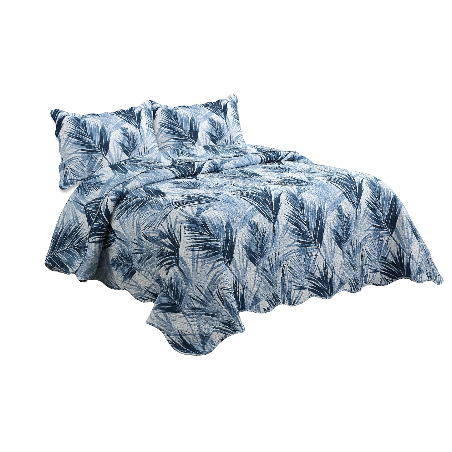 Printed Embossed Pinsonic Soft Bedding Summer Quilt Set, Modern Blue Leaves