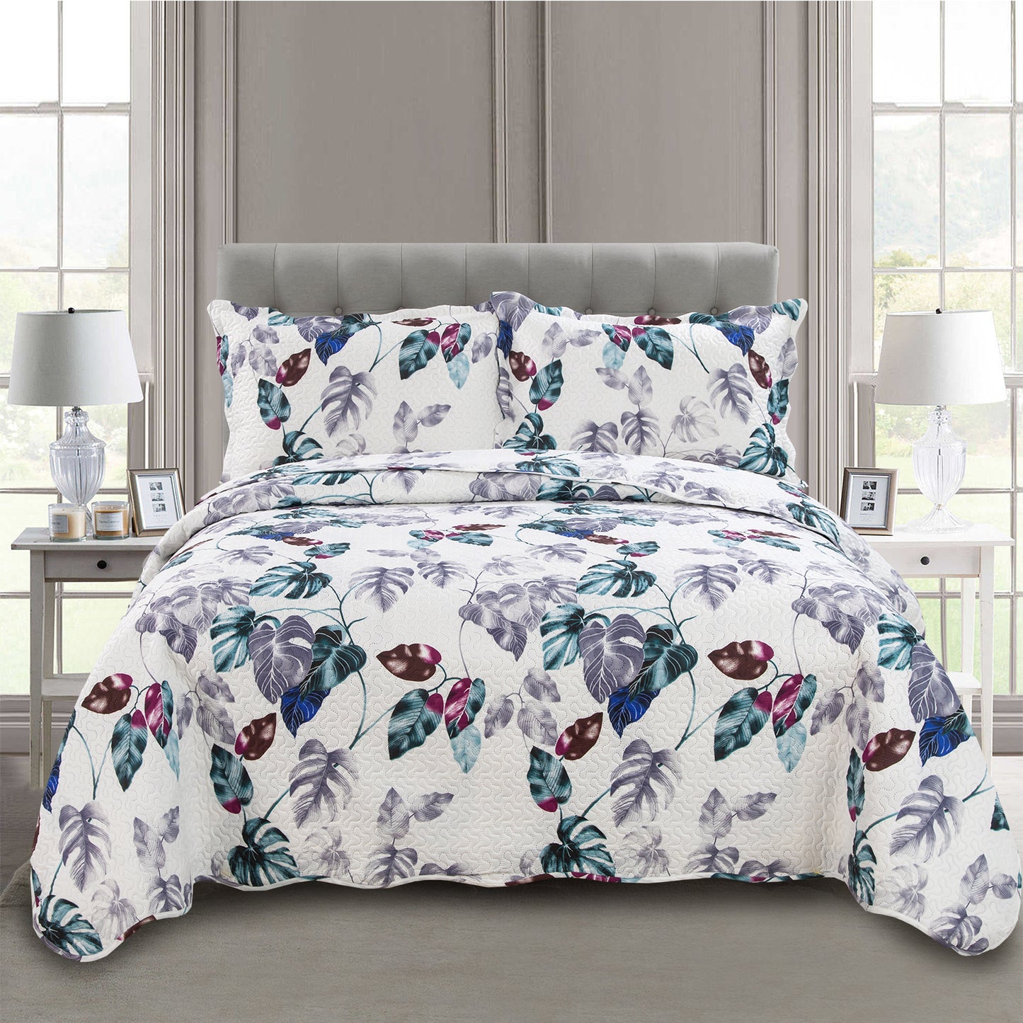 Printed Embossed Pinsonic Soft Bedding Summer Quilt Set, Modern Green Leaves