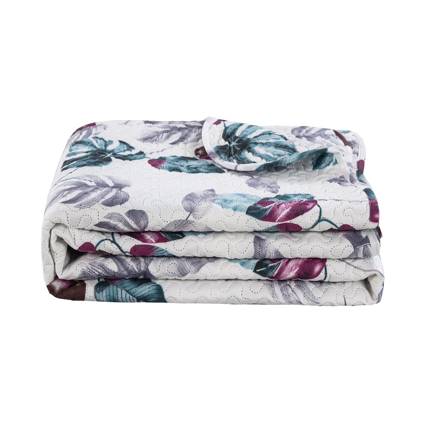 Printed Embossed Pinsonic Soft Bedding Summer Quilt Set, Modern Green Leaves