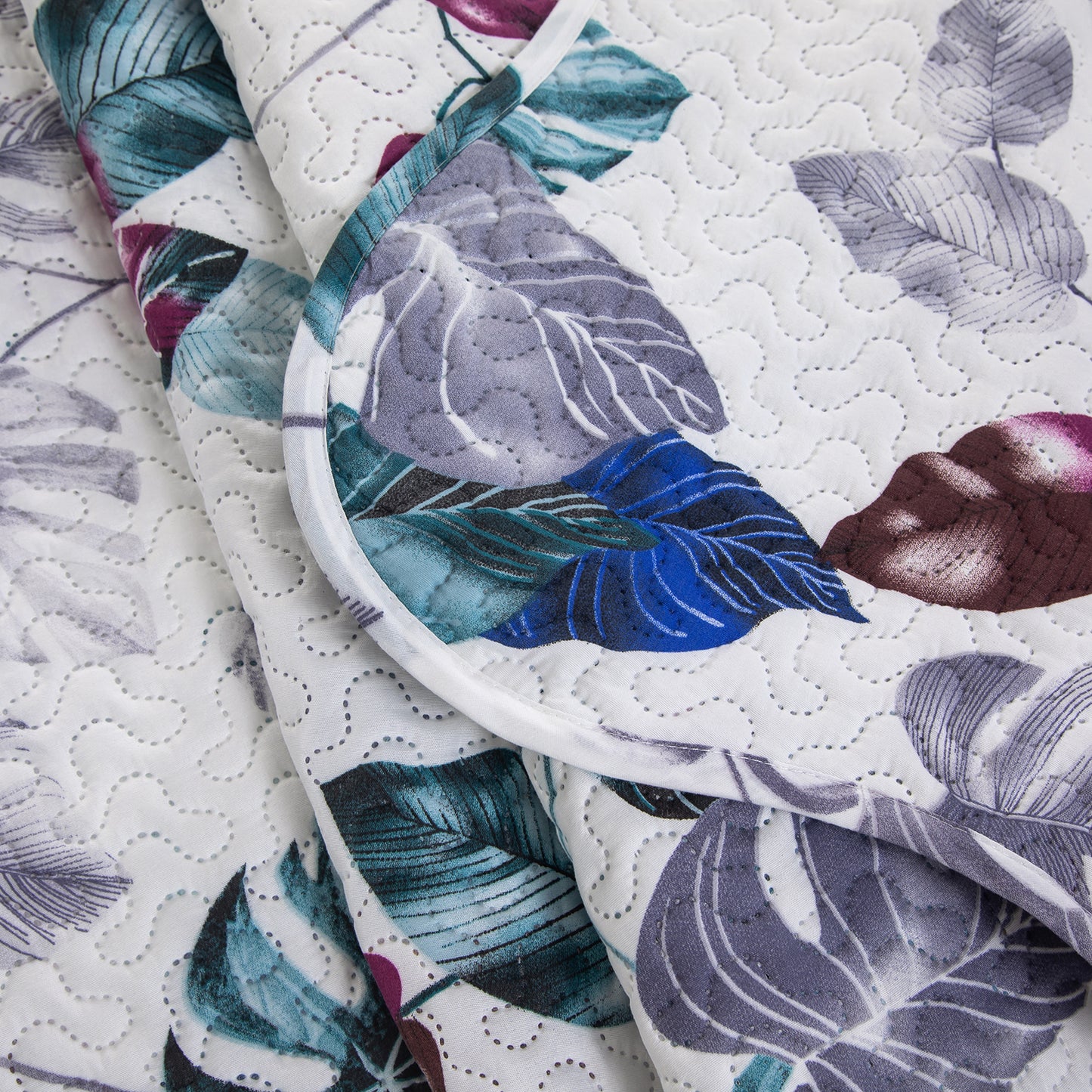 Printed Embossed Pinsonic Soft Bedding Summer Quilt Set, Modern Green Leaves