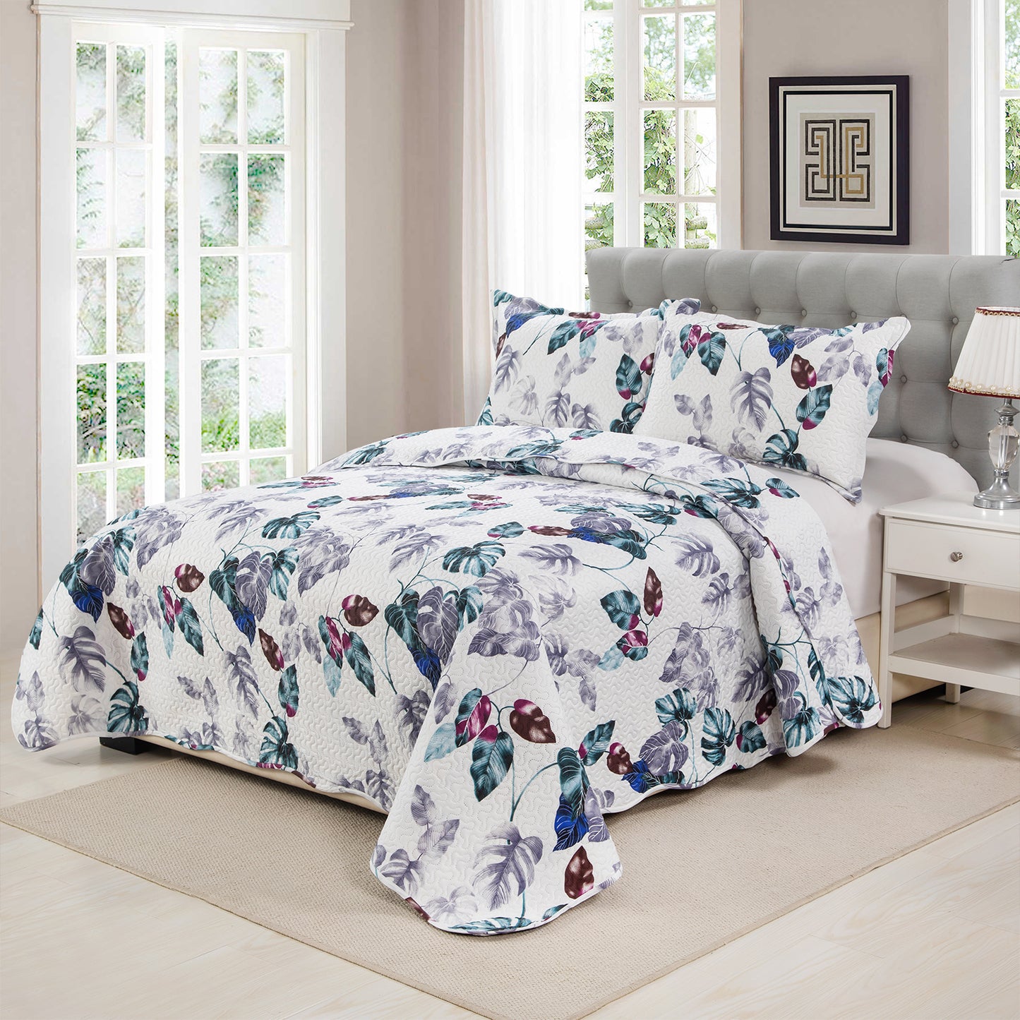 Printed Embossed Pinsonic Soft Bedding Summer Quilt Set, Modern Green Leaves