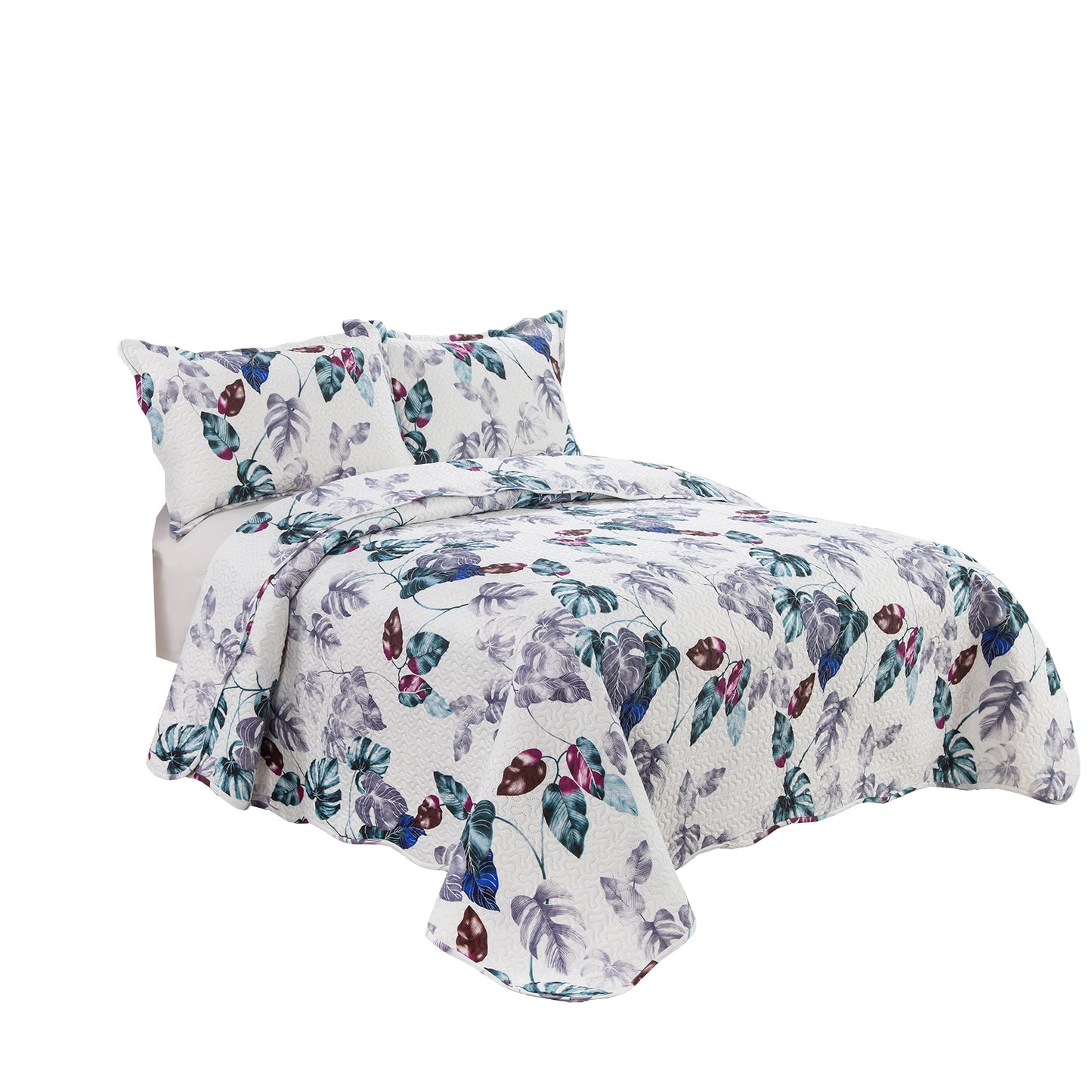 Printed Embossed Pinsonic Soft Bedding Summer Quilt Set, Modern Green Leaves