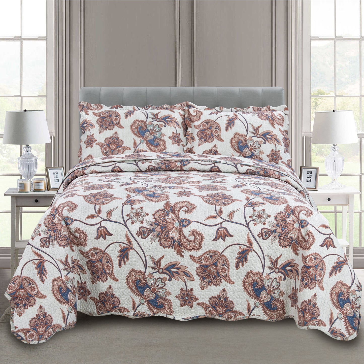Printed Embossed Pinsonic Soft Bedding Summer Quilt Set, Taupe Paisley Floral