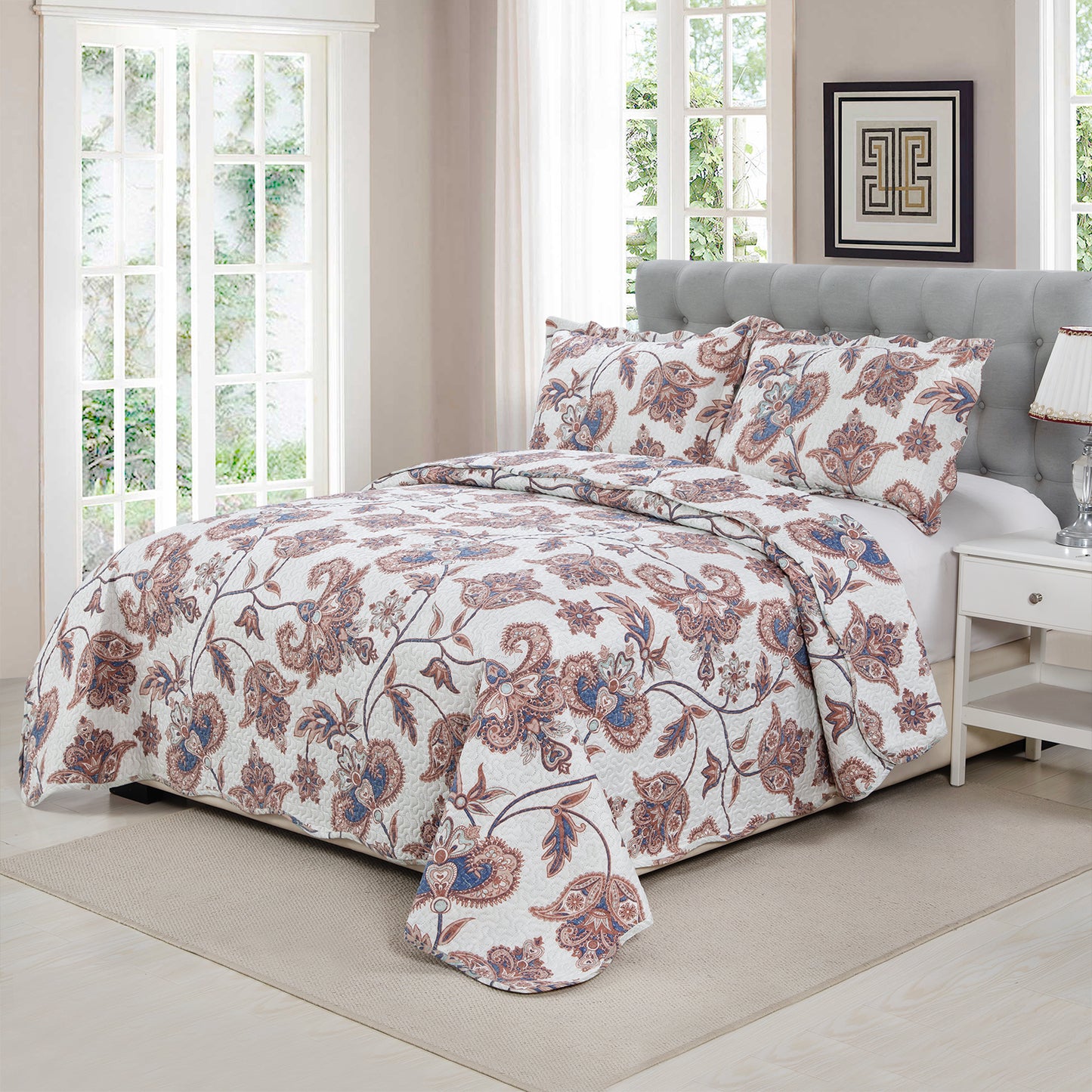 Printed Embossed Pinsonic Soft Bedding Summer Quilt Set, Taupe Paisley Floral