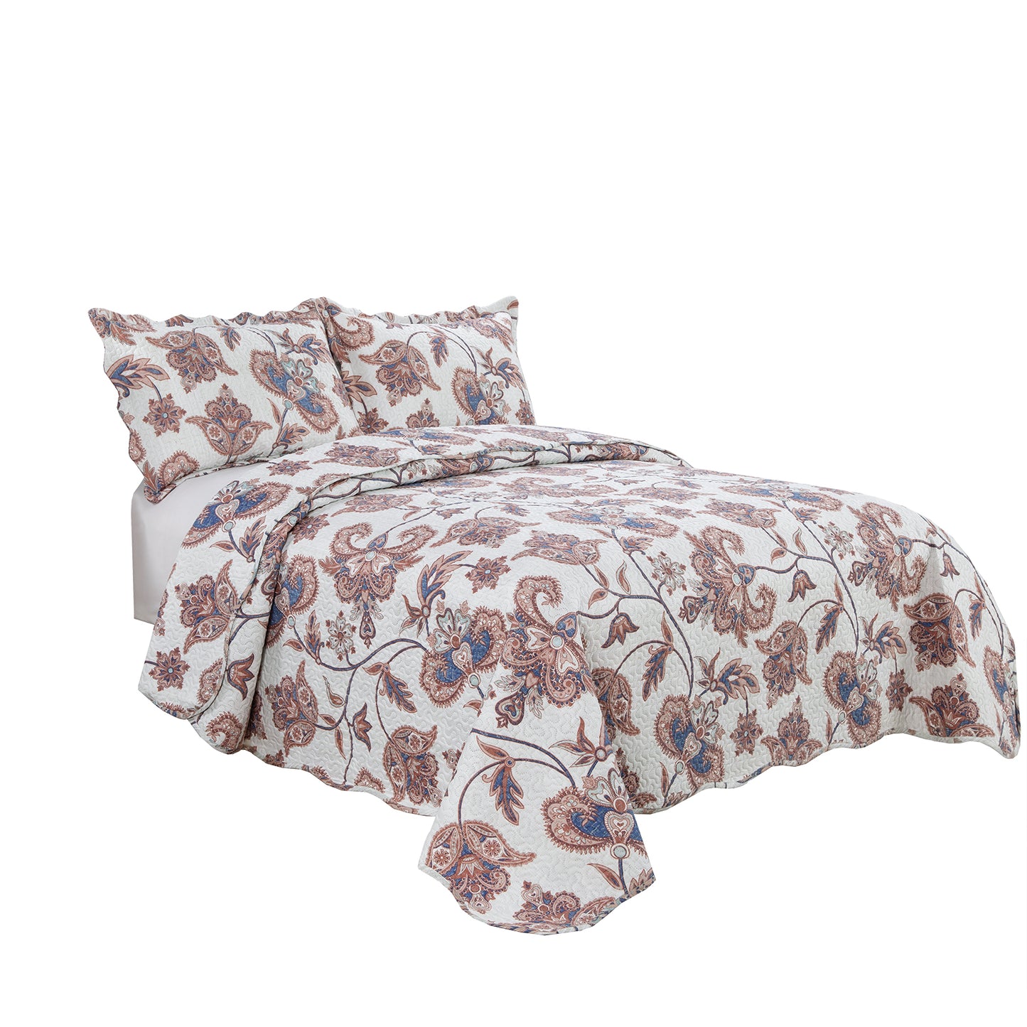 Printed Embossed Pinsonic Soft Bedding Summer Quilt Set, Taupe Paisley Floral