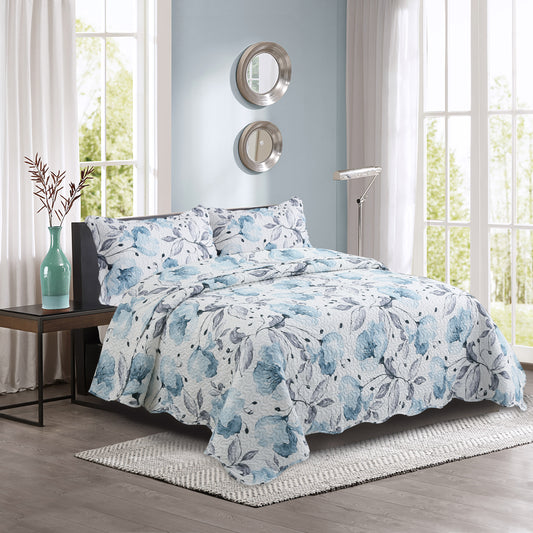 Printed Embossed Pinsonic Soft Bedding Summer Quilt Set, Blue Floral