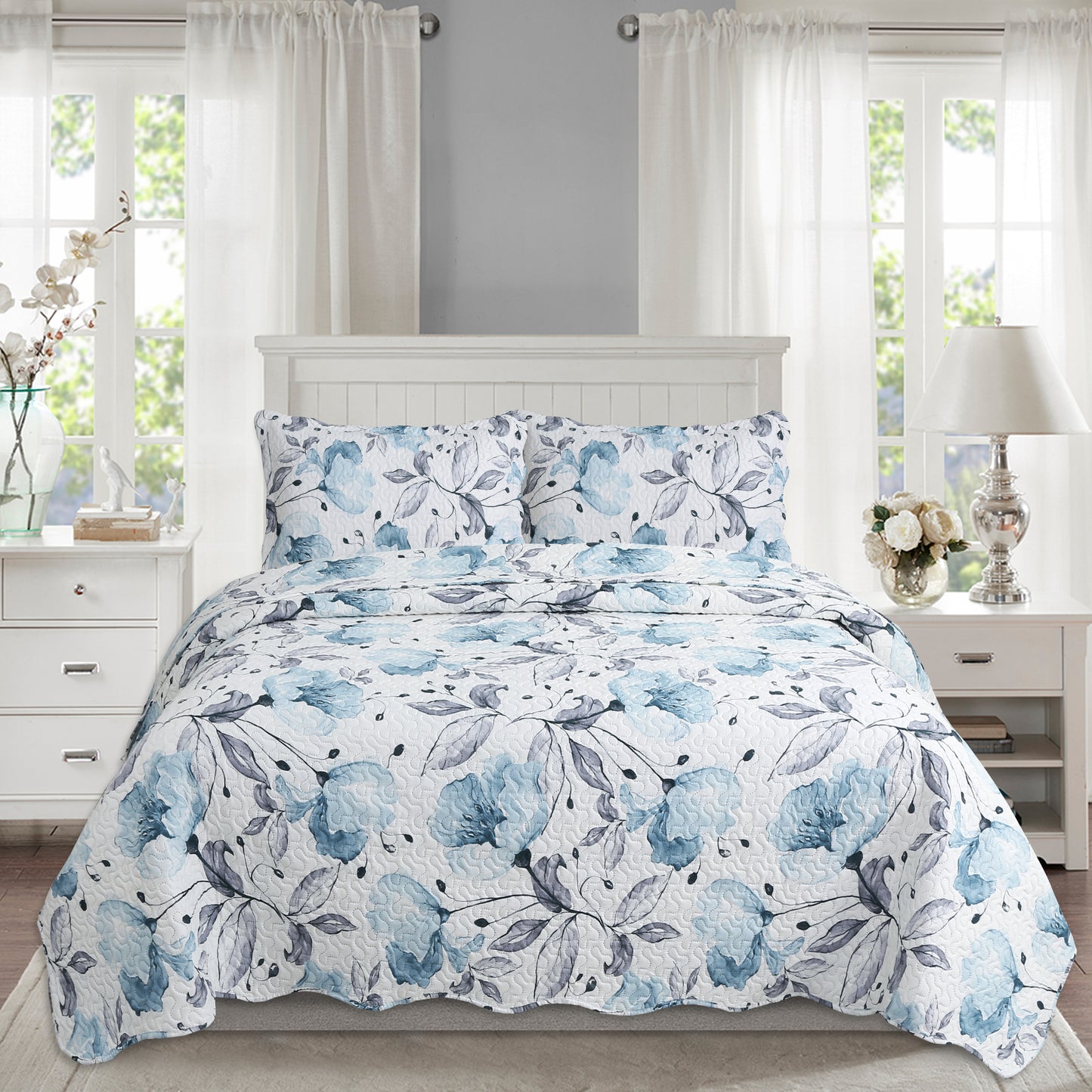 Printed Embossed Pinsonic Soft Bedding Summer Quilt Set, Blue Floral
