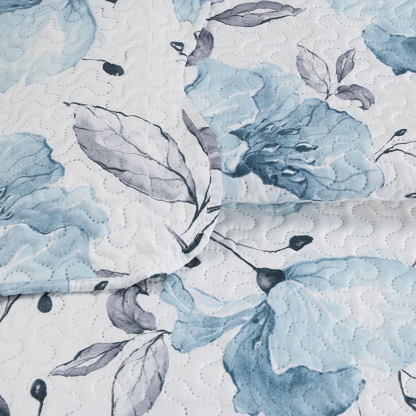 Printed Embossed Pinsonic Soft Bedding Summer Quilt Set, Blue Floral