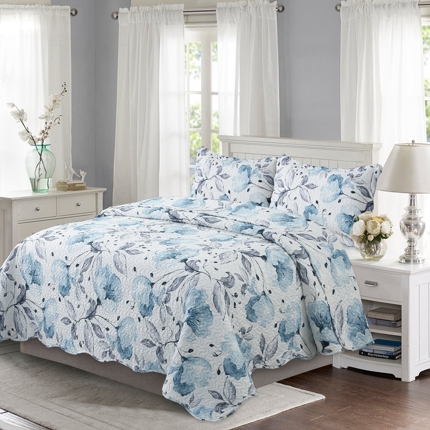 Printed Embossed Pinsonic Soft Bedding Summer Quilt Set, Blue Floral