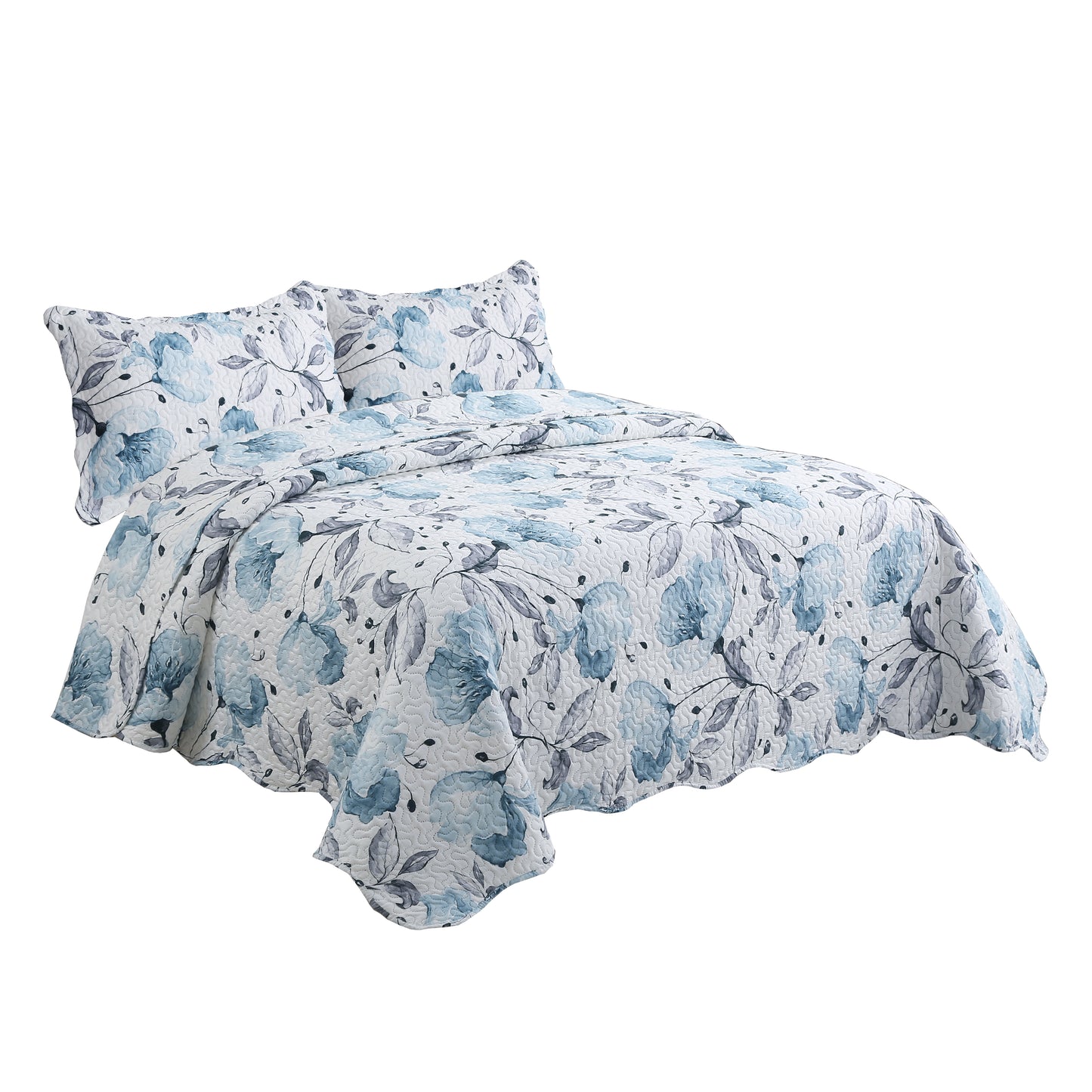 Printed Embossed Pinsonic Soft Bedding Summer Quilt Set, Blue Floral