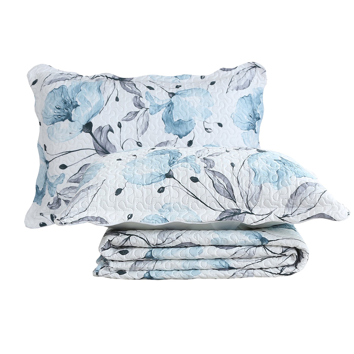 Printed Embossed Pinsonic Soft Bedding Summer Quilt Set, Blue Floral