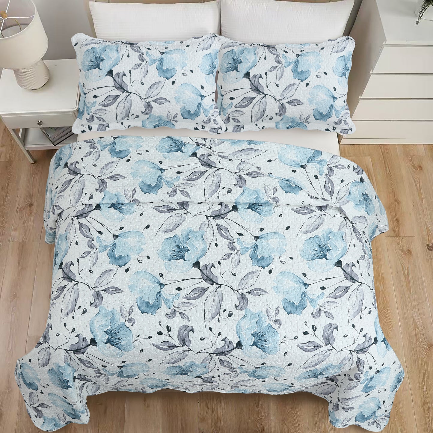 Printed Embossed Pinsonic Soft Bedding Summer Quilt Set, Blue Floral